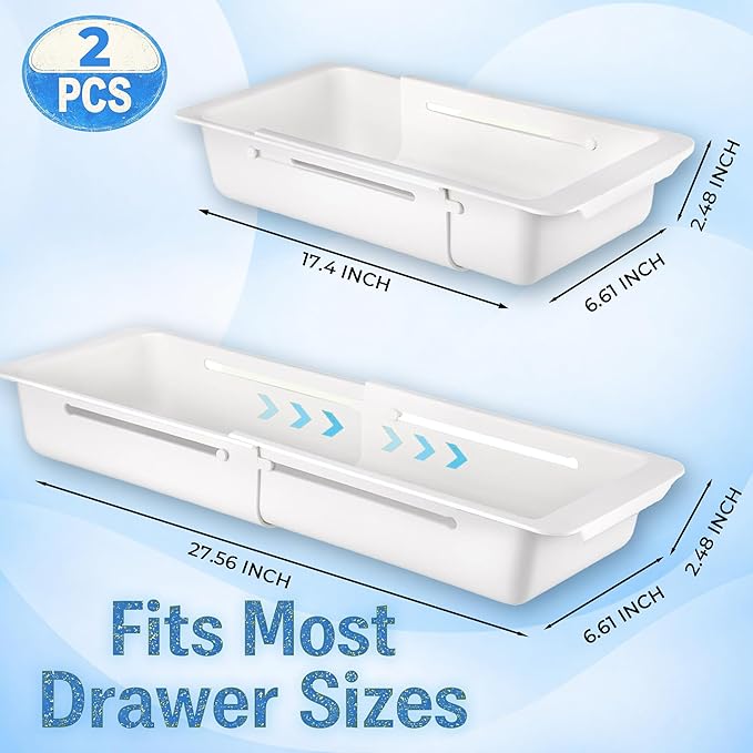 2-Pack Expandable Drawer Organizer for Deep Drawers, Adjustable 17–27 in Storage Tray, Durable PP Smooth Glide Divider for Kitchen, Vanity & Office, Space-Saving Design