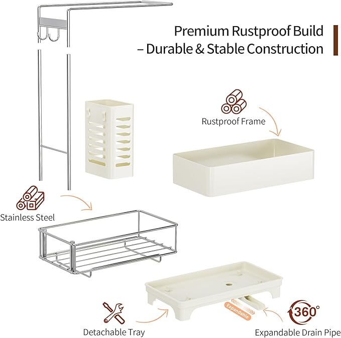 MOUKABAL Sponge Holder for Kitchen Sink, 2-Tier Sink Caddy Organizer with Drain Holes and Hooks, Holds Dishcloth, Sponge & Brushes, Kitchen Countertop Storage for New Home Essentials Off-white