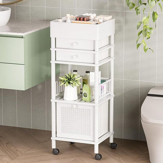 Bamboo Makeup Organizer Cart with 3 Drawers, White