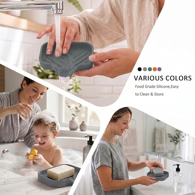 MicoYang Silicone Soap Dish with Drain Spout — Self-Draining Sink Organizer Tray for Bathroom & Kitchen, Holds Bar Soap, Sponges & Dispensers, Non-Slip & Dishwasher Safe, Grey (Small, 4.9"×3.2")