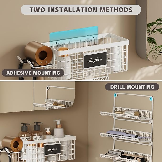 Magheo Hair Dryer Holder Wall Mounted, Adheisve Hair Styling Tool Organizer for hair Brush/Appliance Wall Mount with 5 Tier Shelf Basket Hooks Blow Dryer and Straightener Holder for Bathroom(White)