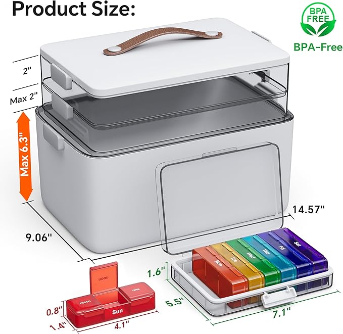 CTIME 3-Tier Medicine Organizer with Pill Case - Portable Pill Case & Empty First Aid Kit for Home, Travel, RV, School, Dorm, Ideal Elderly, Father Gift