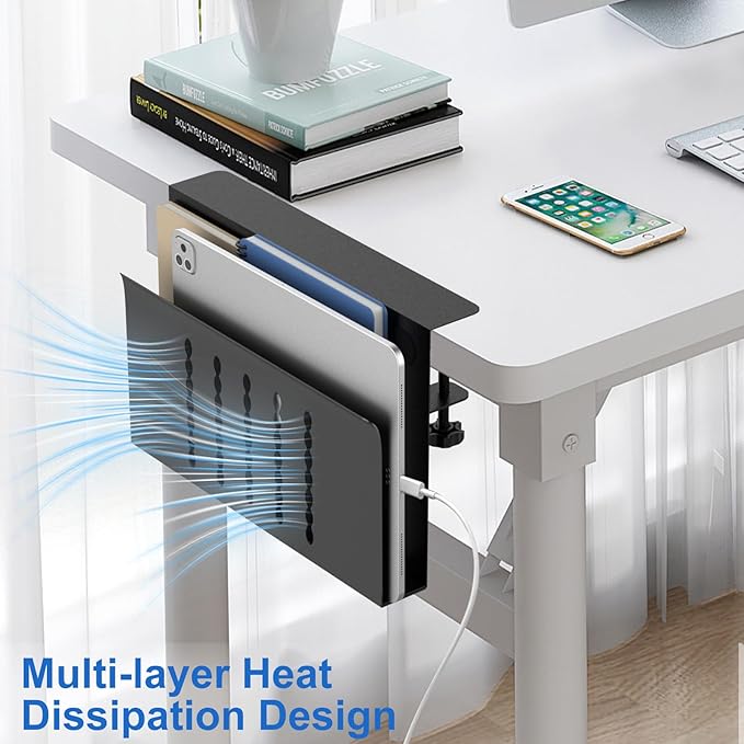 HAMOPY Desk Side Storage, Single-Layer Steel Hanging Desk Organizer with Magnetic Pen Holder, No Drilling Desk Drawer Cable Management Tray, Under Table Laptop Holder for Office, School&Home(Black)