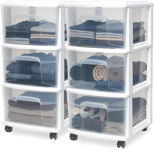 2-Pack Drawer Tower, 3-Tier Clear Plastic Storage Organizer Cart, White Frame