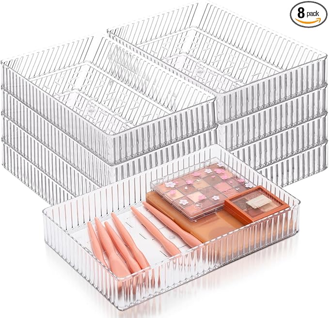 Teenyyou 8 Pcs Clear Drawer Organizers Bins Stackable Makeup and Vanity Organizer Trays Clear Plastic Drawer Organizers Set for Office Desk Dividers(9.9 x 6.3 x 1.8 Inches)
