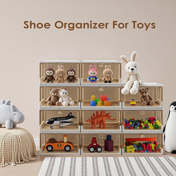 Clear Stackable Shoe Boxes with Magnetic Door, 3 Pack Thick Plastic Shoe Organizer for Closet, Dustproof Storage, Fits up to US Size 13