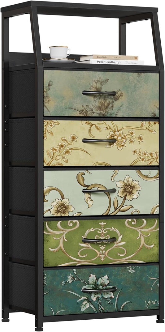 Retro 5 Drawers Dresser, Tall Dressers for Bedroom, Closet, Hallway, Nursery