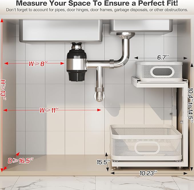 1 Pack 15IN-Depth Under Sink Organizer with Next-Gen Ball-Bearing Slides,2-Tier Precision Mesh Pull Out Cabinet Storage for Bathroom&Kitchen,Height Adjustable Drawers Shelf,Anti-Rust-White