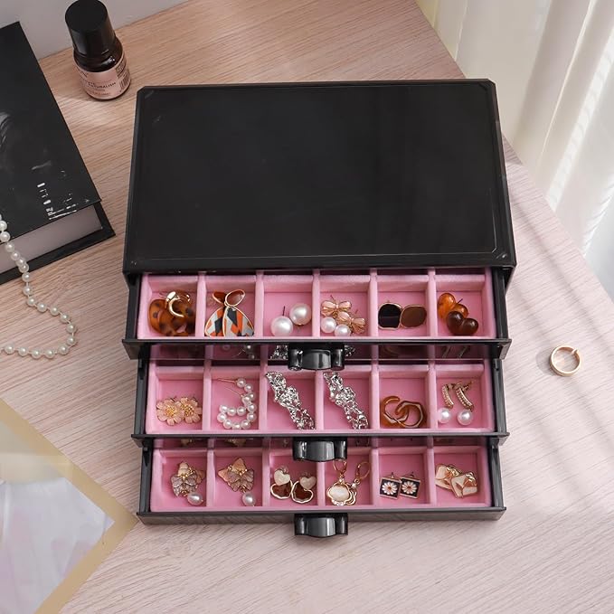 YUFONG Earring Organizer Box Acrylic Jewelry Organizer with 3 Drawers 54 Adjustable Grids Clear Stackable Earring Holder Velvet Trays Ring Display Case for Women Girls (Black Pink)
