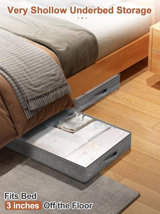punemi 3 Inch Low Profile Under Bed Storage Bins with NO STURCTURE Design, Shallow Clothes Storage Bags with Clear Lids - Fits Under Sofa, Couch, Dorm, or College Beds, 40x20x3inch, 2 Pack, Grey