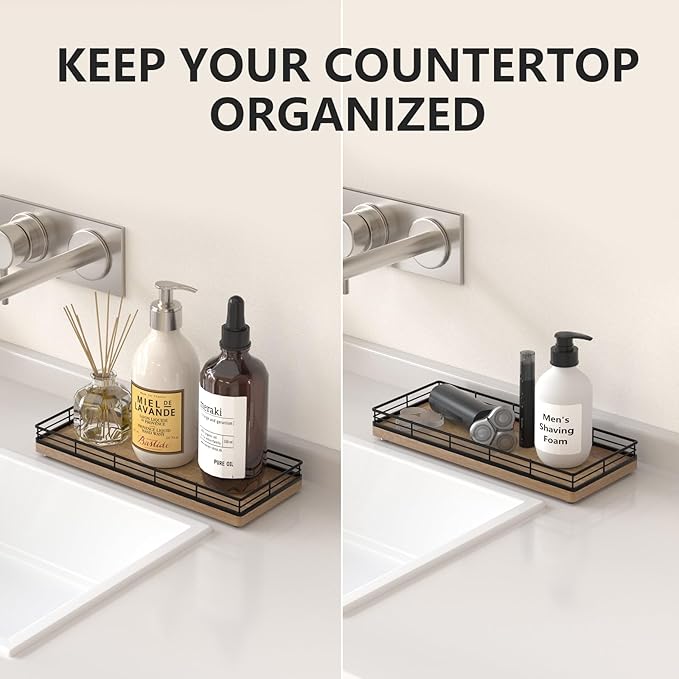 Bathroom Tray for Counter Top Organizer – Acacia Wood Vanity Tray with Metal Frame for Dresser, Kitchen, Nightstand – Black & Acacia Decorative Storage