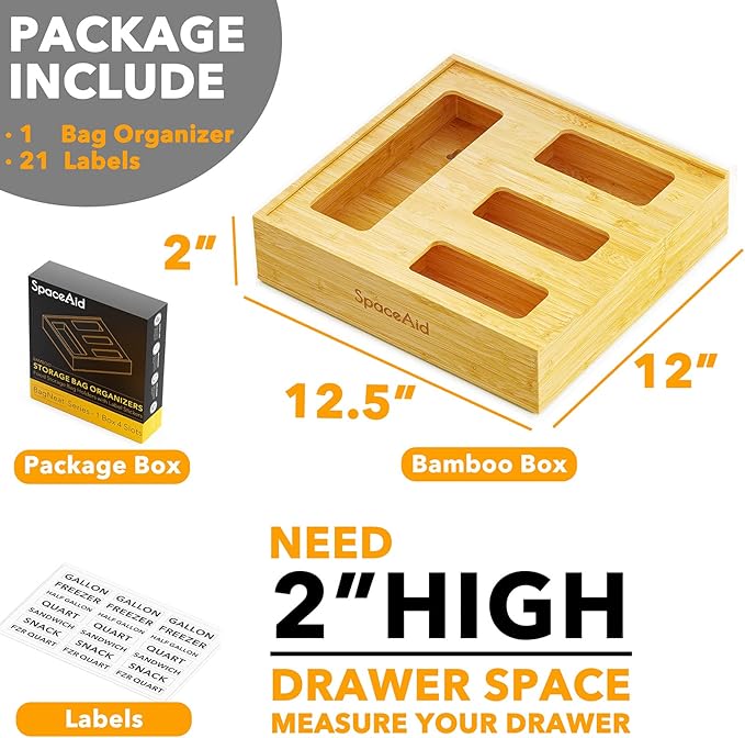 Bag Storage Organizer for Kitchen Drawer, Bamboo Organizer, 2" High)