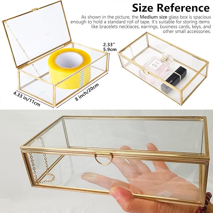 HighFree Vintage Glass Box with Lid - Clear Jewelry Glass Display Box Keepsake Box - Home Decor Decorative Box for Trinket Rings Bracelet (Gold, Medium)