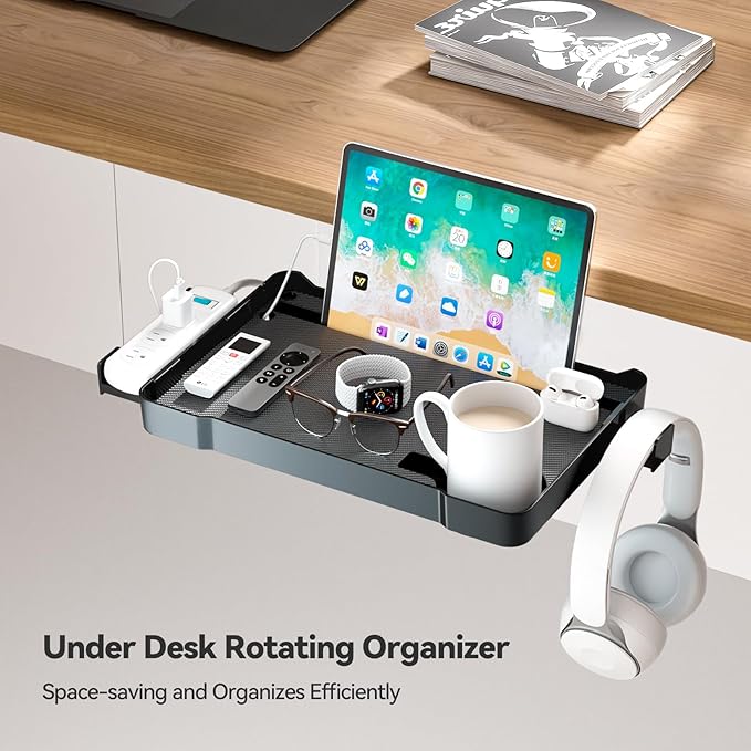 Under Desk Organizer, 360° Rotating Clamp-On Tray with Headphone Hook