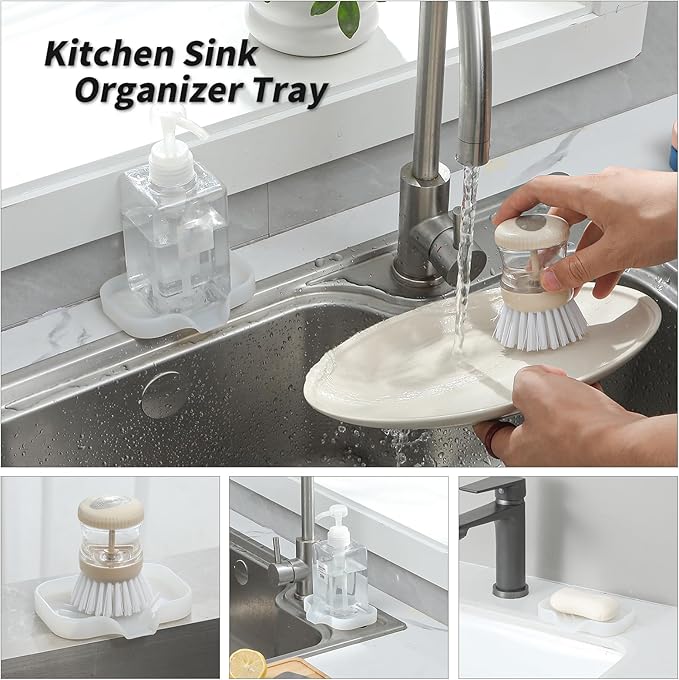MicoYang Silicone Soap Dish with Drain Spout — Self-Draining Sink Organizer Tray for Bathroom & Kitchen, Holds Soap, Sponges & Dispensers, Non-Slip & Dishwasher Safe, Translucent (Small, 4.9"×3.2")