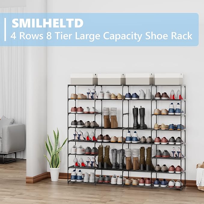 SMILHELTD Large Shoe Rack 4 Row 8 Tier for Entryway Holds 64 Pairs, Metal & Plastic Shelves, DIY Assembly, Space Saving Storage Unit for Garage Closet, 66.1" W x 49.2" H