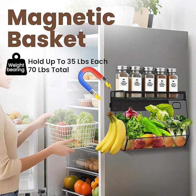 1 SET Magnetic Shelf for Fridge with Lid, Fruit Potato and Onion Storage Bins, Pantry Organizers and Storage, Large Container Magnetic Spice Rack for Refrigerator, Kitchen Counter & Cabinet