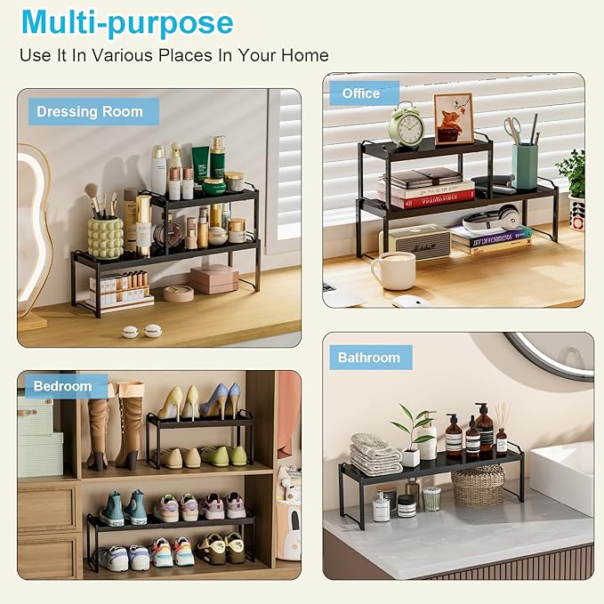 15.5 to 25.5 Inch Kitchen Cabinet Shelf Organizers, Adjustable Kitchen Counter Shelf Organizer, Set of 3 Expandable Countertop Storage Shelves, Stackable Design, 30LBS Heavy Duty, Space Saver