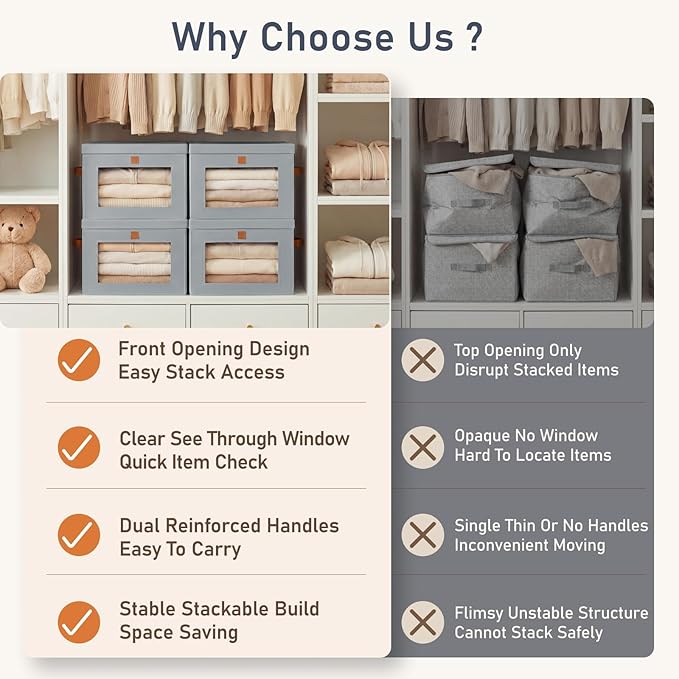 DIMJ Storage Bins with Lids - 4 Pack Front Opening Stackable Fabric Storage Boxes with Clear Window & Handles, Collapsible Closet Organizers for Clothes, Sweaters, Shelf Storage, Bedroom, Gray
