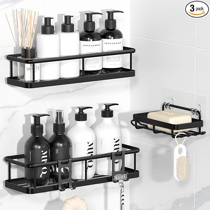 YASONIC Shower Caddy Adhesive, No Drill Bathroom Shower Organizers, with Removable Hooks and Soap Holder, Rust Proof Shower Shelves, Wall-Mounted Shower Holder, 3 Pack, Black