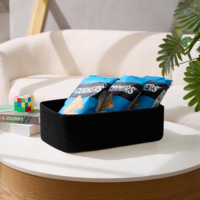 MiniArk Large Shallow Organizing Baskets 15x11x5.1 Inches - Rope Woven Storage Bins for Bathroom, Shelves, Cube Closet, Black 3 Packs