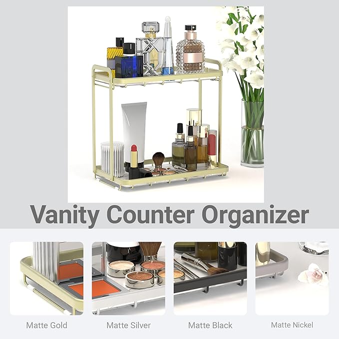 Counter Organizer for Bathroom, Kitchen or Coffee Bar, Metal Shelf with Faux Marble, Vanity Countertop Makeup Storage, Dresser Perfume Display Rack, Toilet Tank Tray (Matte Silver, 2-Tier)