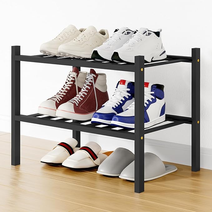Smiry Small Bamboo Shoe Rack, 2 Tier Free Standing Wooden Shoe Organizer, Stackable Wood Shoe Storage Shelf for Closet, Entryway, 12 Vertical Slats, One-piece Standard Legs, 17.3"x11"x13", Black