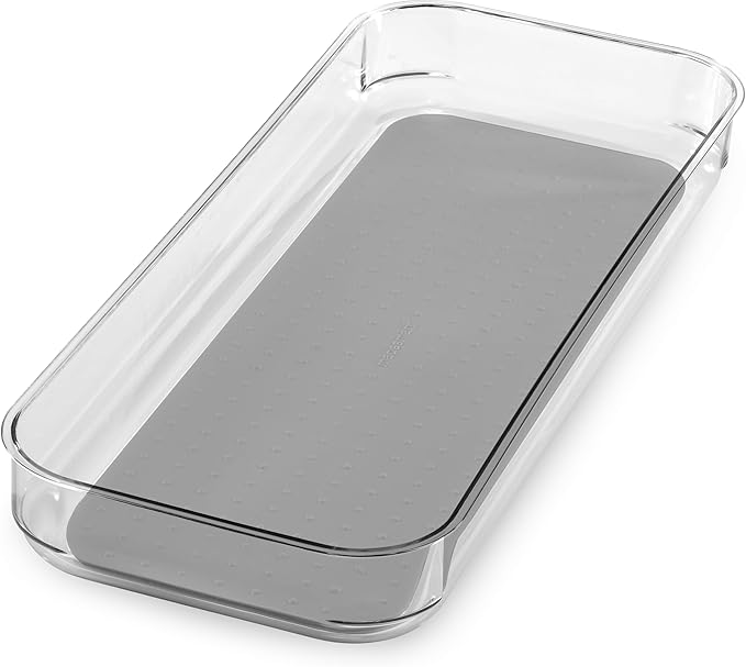 madesmart Large Premium Clear Bin, Clear Storage Organizer for Office Supplies, Kitchen Tools, Pantry Items & Home Essentials, Soft Grip Lining, and Non Slip Base, Grey