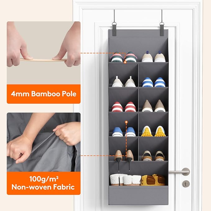6 Tier Over the Door Shoe Organizer with 11 Large Deep Pockets, Gray