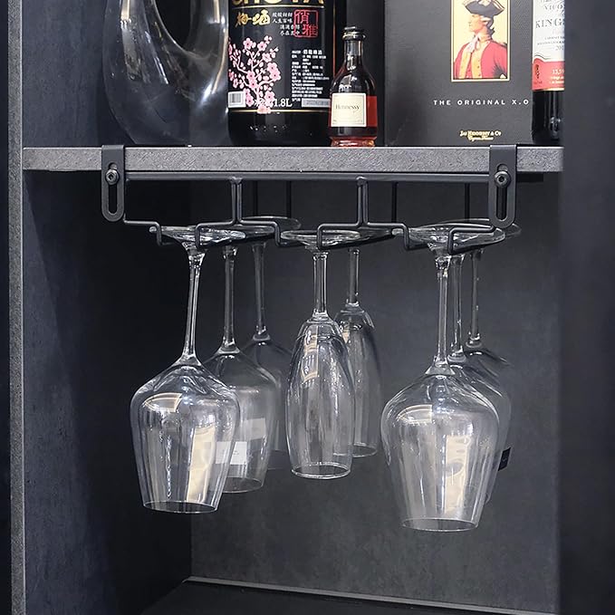 Adjustable Under Cabinet Stemware Holder - Metal Wine Glass Hanger Organizer for Kitchen, Bar, Shelf - Rustproof Hanging Storage Rack for 6-8 Glasses - Space Saving Decor (Black, 3 Rows)