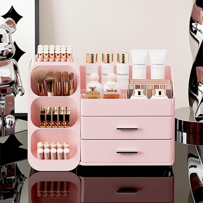 Makeup Organizer with Drawers,Large Capacity Countertop Organizer for Vanity,Bathroom and Bedroom Desk Cosmetics Organizer,Easy To Storage Skincare,Brushes,Lotions (All Pink)