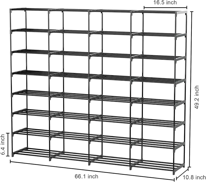SMILHELTD Large Shoe Rack 4 Row 8 Tier for Entryway Holds 64 Pairs, Metal & Plastic Shelves, DIY Assembly, Space Saving Storage Unit for Garage Closet, 66.1" W x 49.2" H