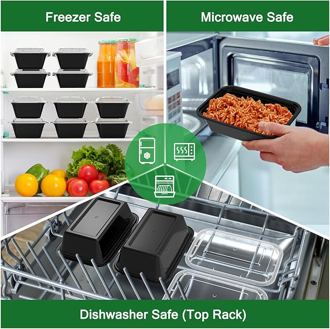 Dealusy 50 Pack (100-Piece) 24 oz Meal Prep Containers Reusable with Lids, Sturdy Leakproof & Food Safe, Microwave, Freezer, Dishwasher Safe Prep Containers, To Go Take Out Plastic Food Storage