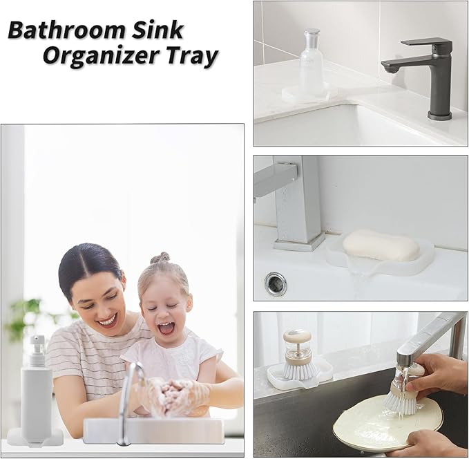 MicoYang Silicone Soap Dish with Drain Spout — Self-Draining Sink Organizer Tray for Bathroom & Kitchen, Holds Soap, Sponges & Dispensers, Non-Slip & Dishwasher Safe, Translucent (Small, 4.9"×3.2")