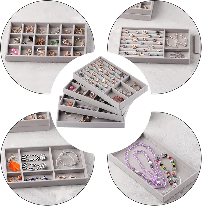 Set of 8 Velvet Jewelry Drawer Organizer Inserts, Stackable Trays with Removable Dividers, Earring and Ring Holder Display for Dresser, Storage Case for Necklace Bracelet Watch - Grey