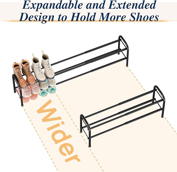 ENJOYBASICS 2 Tier Expandable Shoe Rack for Closet, Free Standing Metal Shoe Shelf Storage Organizer Holder 12 Pairs, Adjustable Width Shoe Rack for Entryway Small Space, Black