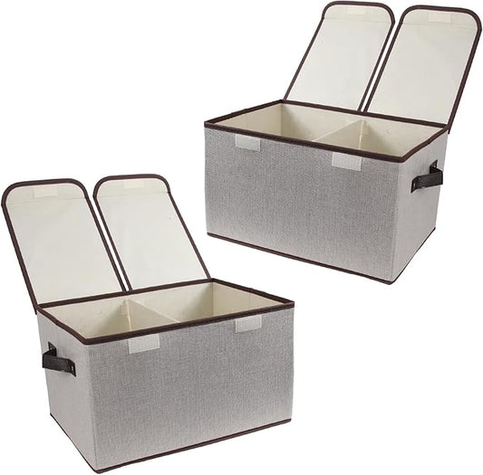 Foldable Fabric Storage Box with Double-Lid & Dividers, Grey, 2 Packs