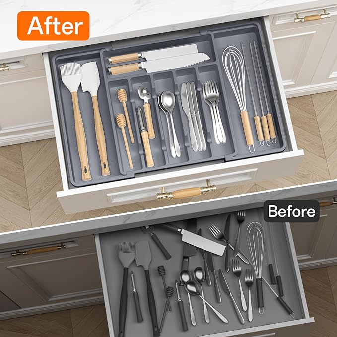 RoomHacks Large Silverware Organizer,Expandable Utensil Drawer Organizer,BPA Free Utensil Holder,Adjustable Silverware Tray Cutlery Drawer Organizer for Kitchen Flatware,Large,Grey (6-8 Slots)