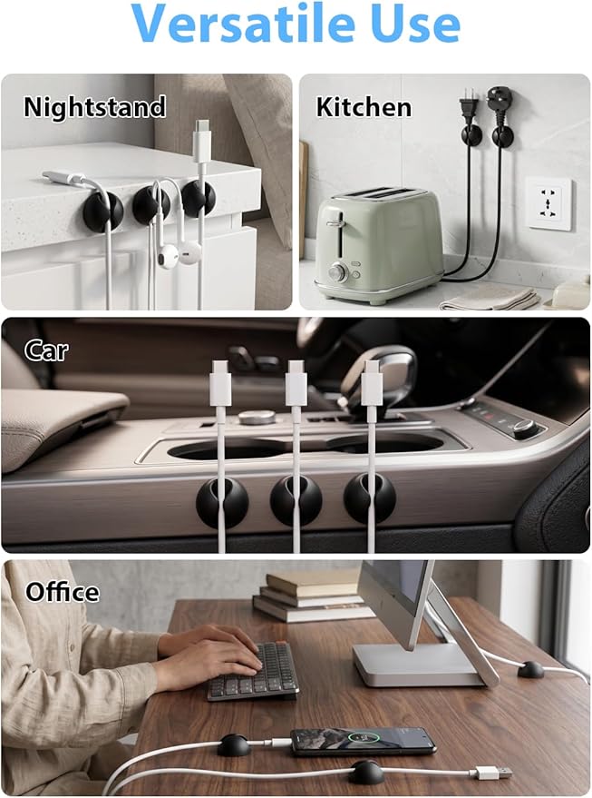 Shintop Cord Organizer, 6 Pack Black Charger Holder Cable Clips Wire Clips for Organizing Desk Nightstand Car Phone Charger