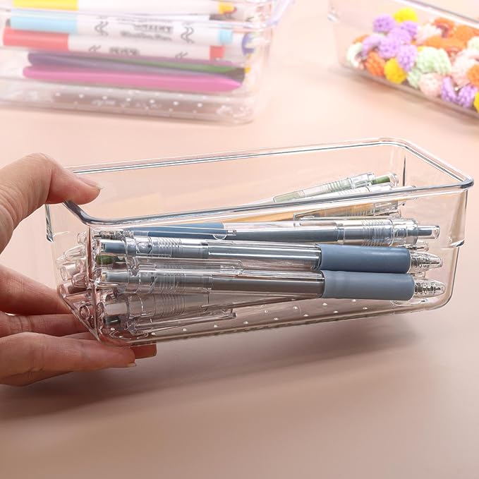 6Pcs Clear Plastic Drawer Organizers Tray 6" x 3" Storage Bins with 25Pcs