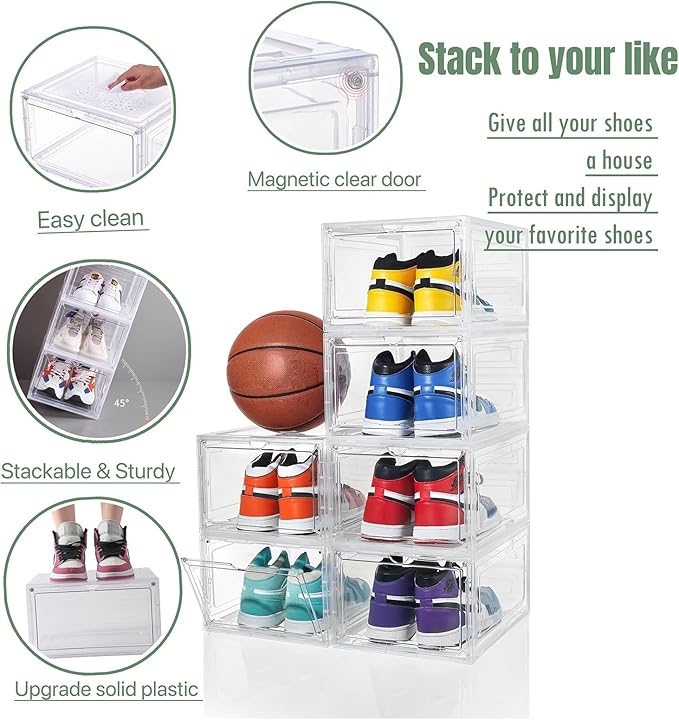ZLLZUU Shoe Organizer Shoe Storage Boxes, 6 Pack Large Drop Front Shoe Boxes with Magnetic Door, Clear Plastic Stackable Shoe Containers (Clear White)
