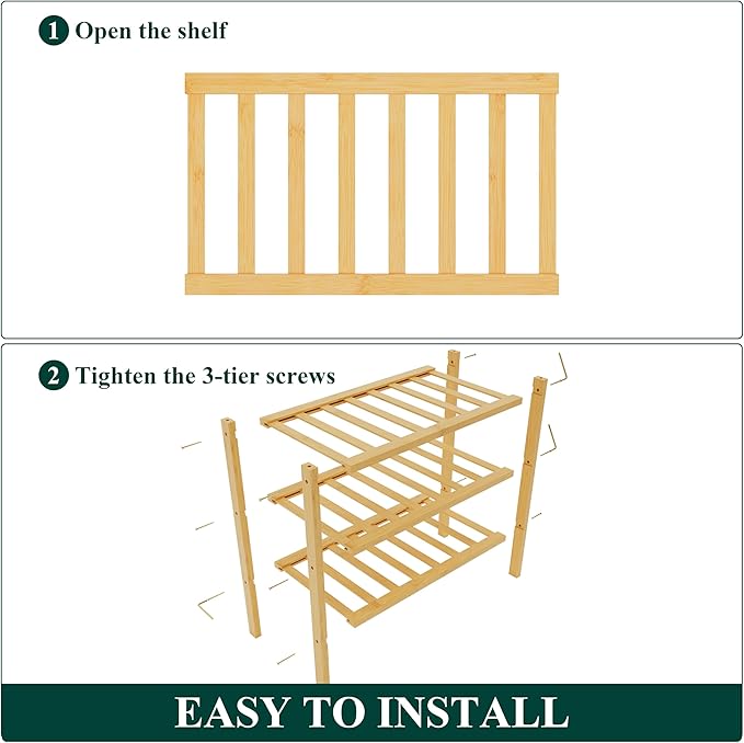 Smiry Bamboo Shoe Rack for Closet, 3 Tier Small Wooden Shoe Organizer, Stackable Wood Shoe Storage Shelf for Entryway, 14 Vertical Slats, One-piece Heavy-Duty Legs, 17.32"x11.02"x18.31", Natural