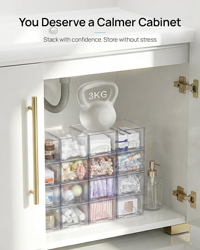 Vtopmart 12 Pack Small Clear Stackable Storage Drawers, Acrylic Bathroom Makeup Organizer, Plastic Storage Bins For Vanity, Undersink, Kitchen Cabinets, Pantry, Home Organization