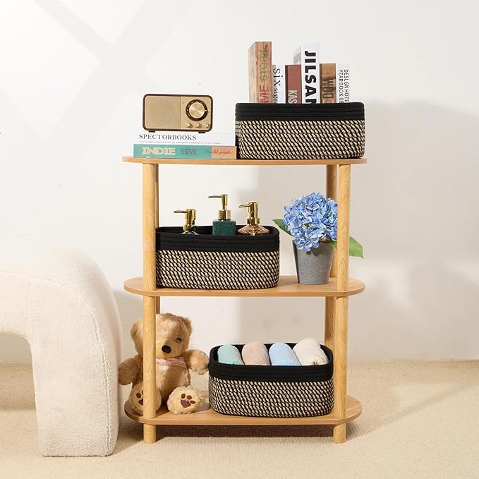 MiniArk Small Storage Baskets for Organizing | Closet Organizer Bins | Shelf Toy Basket | Woven Rope Baskets | Cube Decorative Box | Shallow Basket | 13x8.5x5.1” | 4 Packs Black Brown