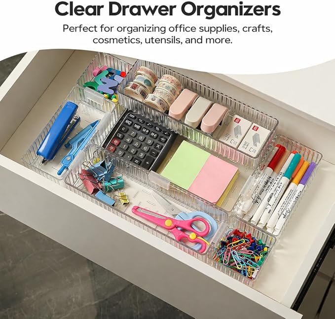 7 PCS Clear Drawer Organizer Bins, Stackable Office Desk Drawer Organizers with 7 Connector Clips, 4 Sizes Plastic Drawer Trays for Office Supplies, Bathroom, Vanity, Makeup & Kitchen