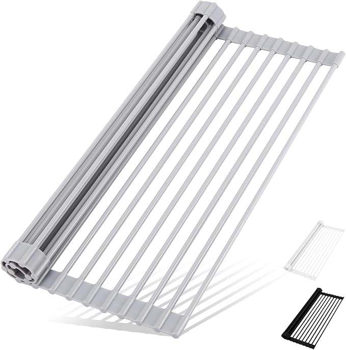 HANZENMA Roll Up Dish Drying Rack Over The Sink Kitchen Roll Up Sink Drying Rack Multipurpose Foldable Sink Drying Mat, Heat-Resistant, Anti-Slip & Anti-Rust Dish Rack for Kitchen, 20.5" x 13", Grey