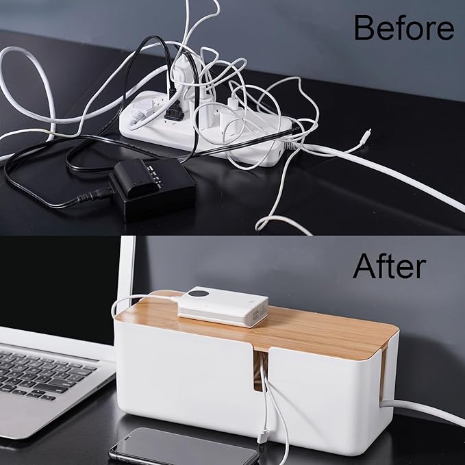 Changsuo Small Cable Management Box with Bamboo Lid for Extension Cord Power