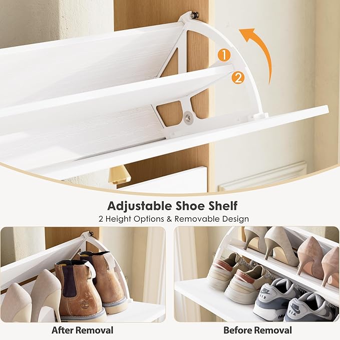 Nicetree Shoe Cabinet with 3 Flip Drawers，Freestanding Shoe Storage Cabinet, Narrow Shoe Organizer Cabinet, Farmhouse Slim Shoe Rack Cabinet for Entryway,Natural Oak and White with Hook