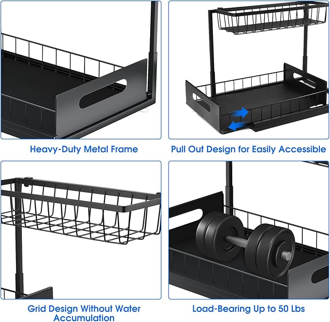 2 Pack Under Sink Organizer, 2 Tier Pull-Out Cabinet Storage Shelf, Black