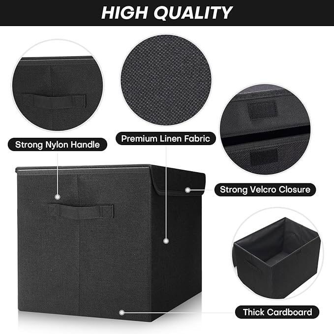 Bagnizer Large 42 Quarts Fabric Storage Bins with Lids [2-Pack] Linen Collapsible Foldable Storage Cubes, Closet Organizer Containers boxes with Handles for Home Office (16.7 x 12 x 12, Black)